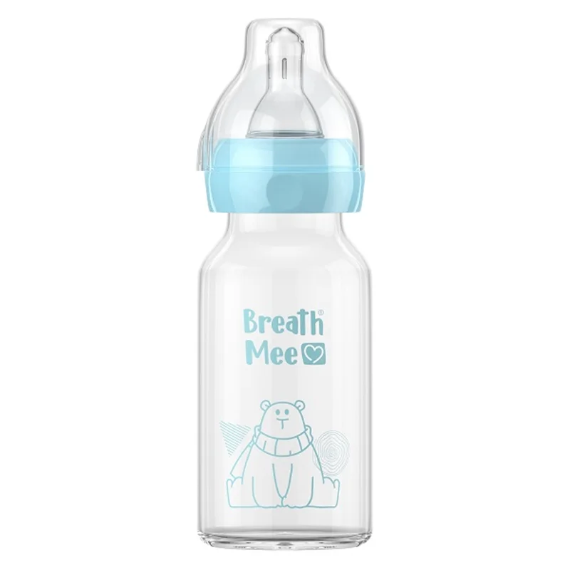 بطری شیر خوری  دهانه استاندارد برث می   Breath Mee حجم 150 میلی لیتر 6-1 ماه کد  BT01 رنگ آبی،صورتی،طوسی