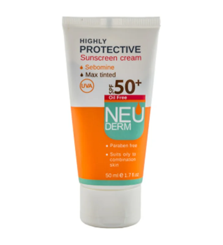 کرم محافظ آفتاب spf50+ فاقد چربی رنگی تیره نئودرم 50 میل
